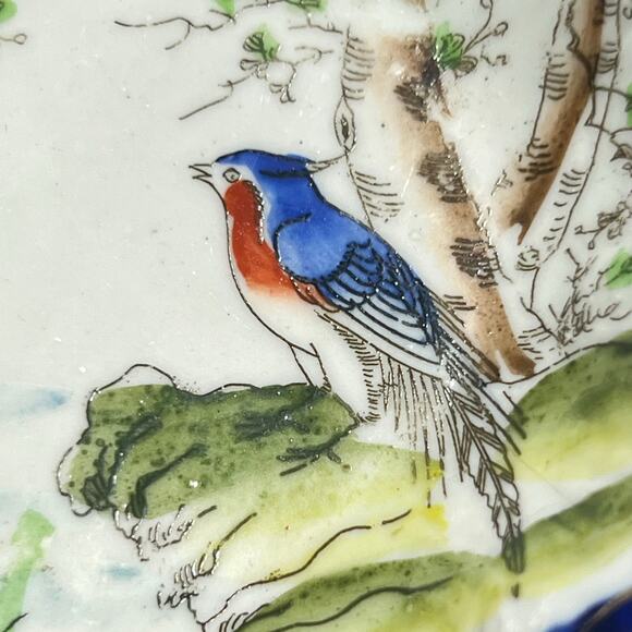 Vintage 20s Set 4 Seto Japanese Cobalt Blue Handpainted Bird Porcelain Dishes - Picture 5 of 11